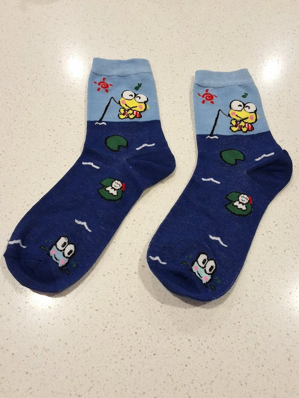 NEW Keroppi Sanrio Fishing Crew Socks Blue Frog Character Novelty Socks